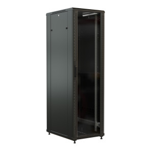 WRline Шкаф напольный 19-дюймовый, 27U, 1388x600х600 мм (ВхШхГ), передняя стеклянная дверь со стальными перфорированными боковинами, задняя дверь сплошная, цвет черный (RAL 9004) (разобранный)