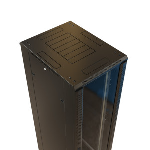 WRline Шкаф напольный 19-дюймовый, 27U, 1388х600х1000 мм (ВхШхГ), передняя стеклянная дверь со стальными перфорированными боковинами, задняя дверь сплошная, цвет черный (RAL 9004) (разобранный)
