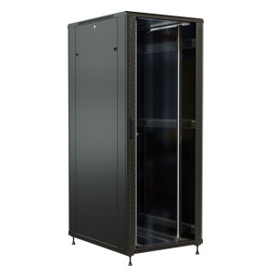 WRline Шкаф напольный 19-дюймовый, 37U, 1833х800х800 мм (ВхШхГ), передняя стеклянная дверь со стальными перфорированными боковинами, задняя дверь сплошная, цвет черный (RAL 9004) (разобранный)