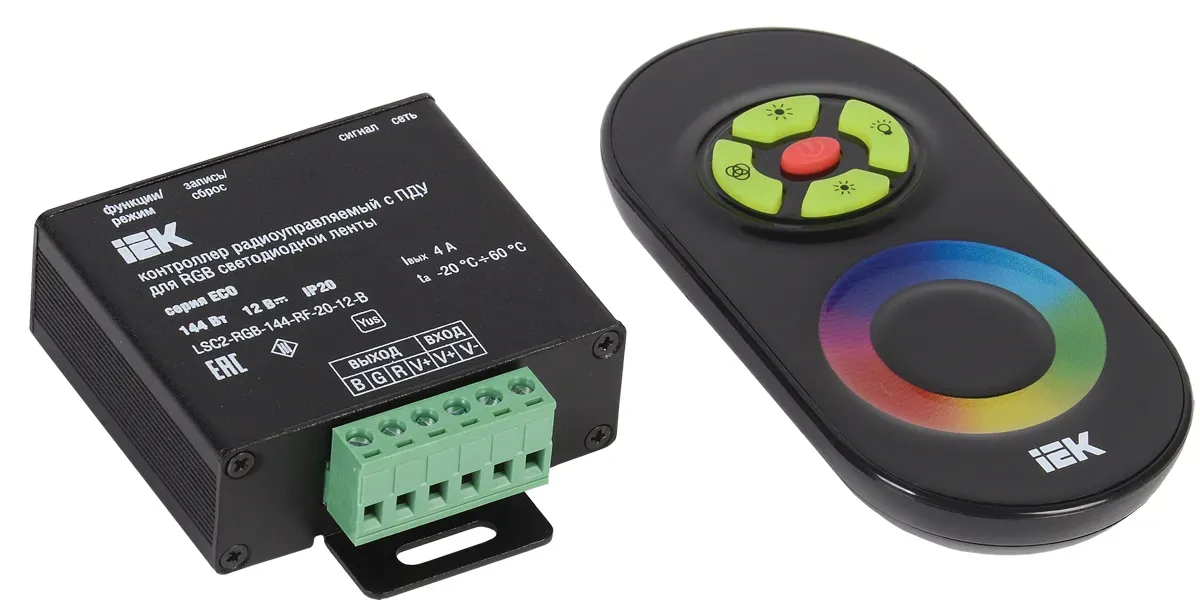 Контроллер с ПДУ радио RGB 3 канала 12В 4А 144Вт черный IEK lsc1-rgb-144-rf-20-12-b
