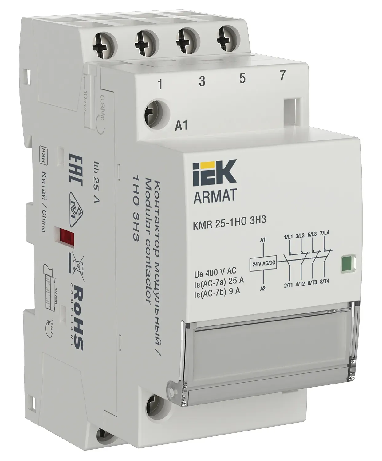 ARMAT Контактор модульный KMR 25А 24В AC/DC 1НО 3НЗ IEK ar-kmr20-025-13-024