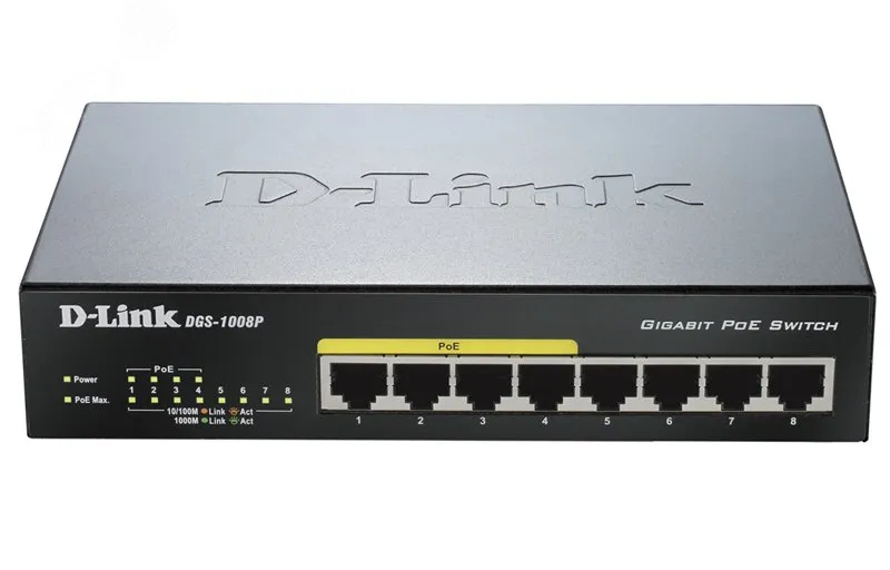 Коммутатор неуправляемый PoE 8 портов, 4хPoE 10/100/1000 Мб/с, 4хRJ45, 80 Вт d-link dgs-1008p/e1a