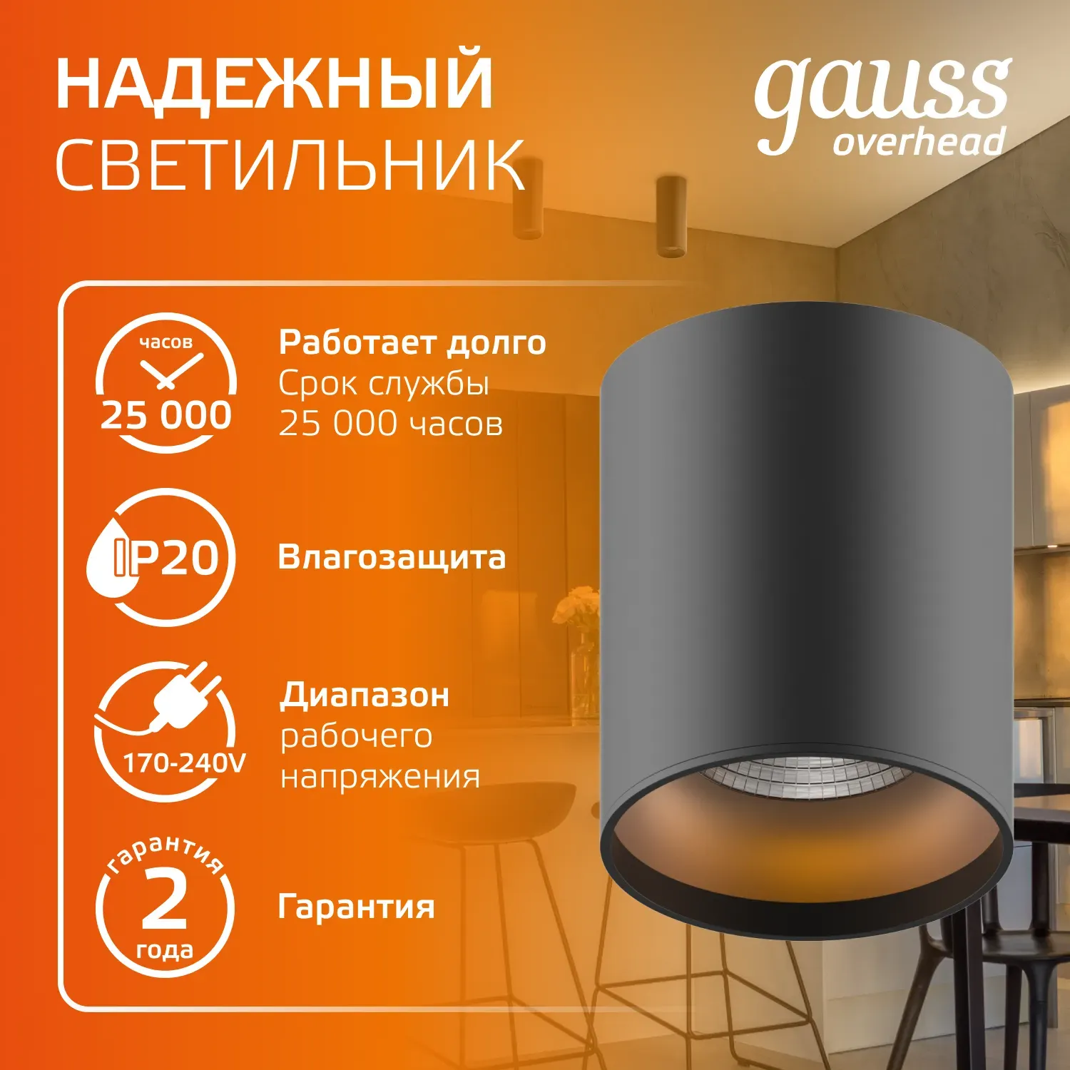 Светильник светодиодный накладной ДПО-12Вт 3000K 79x100мм (черный золото) Gauss