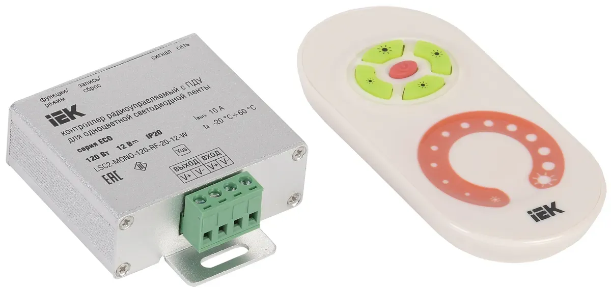 Контроллер с ПДУ радио MONO 1 канал 12В 10А 120Вт белый IEK lsc1-mono-120-rf-20-12-w