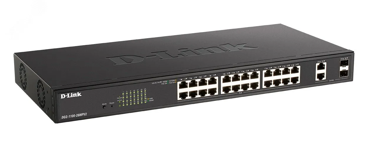 Коммутатор настраиваемый L2 PoE 26 портов, 24хPoE 10/100/1000 Мб/с, 2хRJ45/SFP+, 370 Вт d-link dgs-1100-26mpv2/a3a
