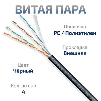 Витая пара UTP 5e Cabeus UTP-4P-Cat.5e-SOLID-OUT-PE-UV-20 4 пары одножильная PE чёрная 20 метров