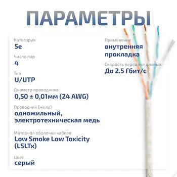 Витая пара UTP 5e Cabeus UTP-4P-Cat.5e-SOLID-LSLTx-GY-20 4 пары одножильная LSLTx серая 20 метров