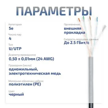 Витая пара UTP 5e Cabeus UTP-4P-Cat.5e-SOLID-OUT-PE-UV-25 4 пары одножильная PE чёрная 25 метров