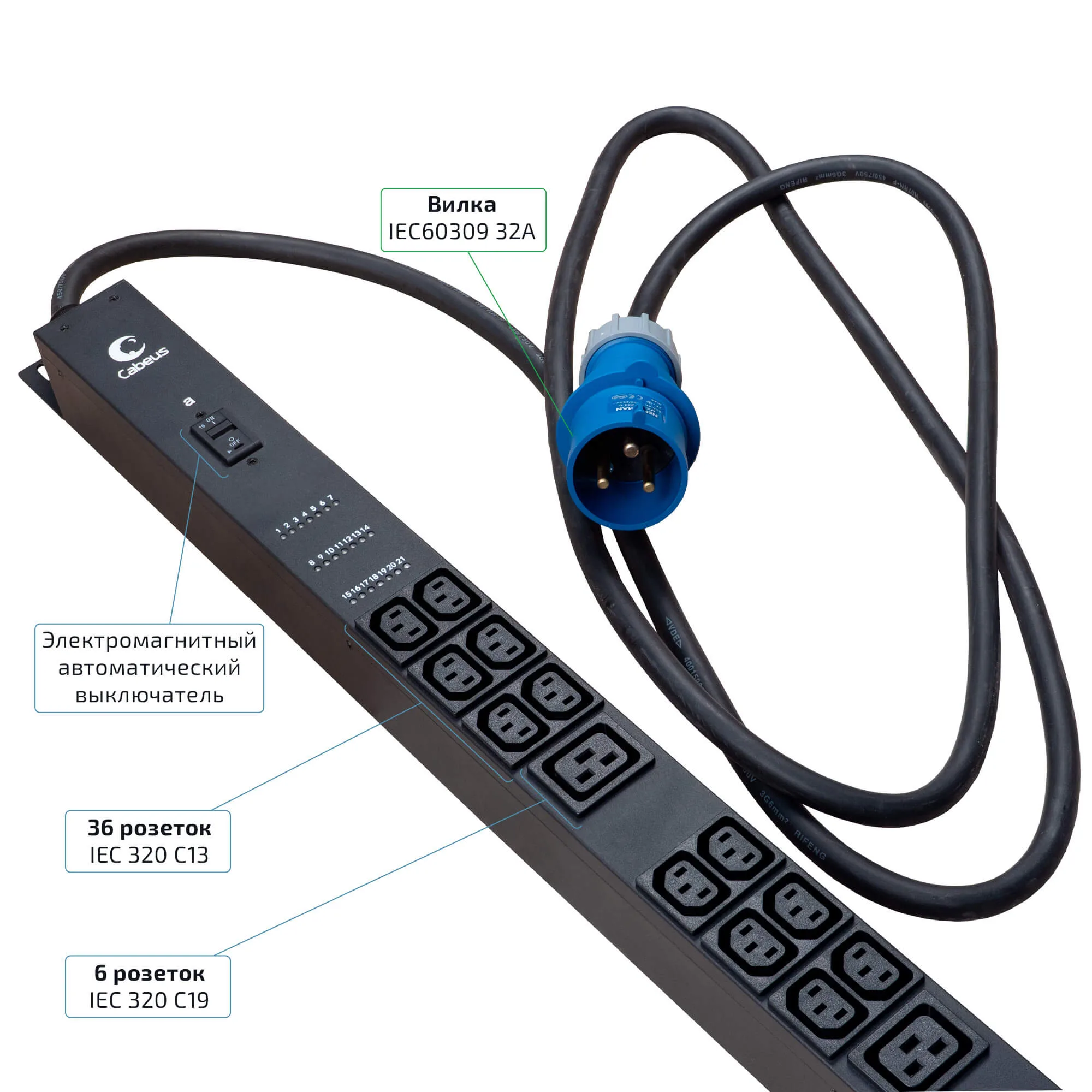 Блок розеток вертикальный Cabeus SMART-PDU-32-1P-36C13-6C19-I309-CM 36 розеток IEC 320 C13, 6 розеток IEC 320 C19, 1 фаза, 32А, мониторинг/управление, шнур 3м