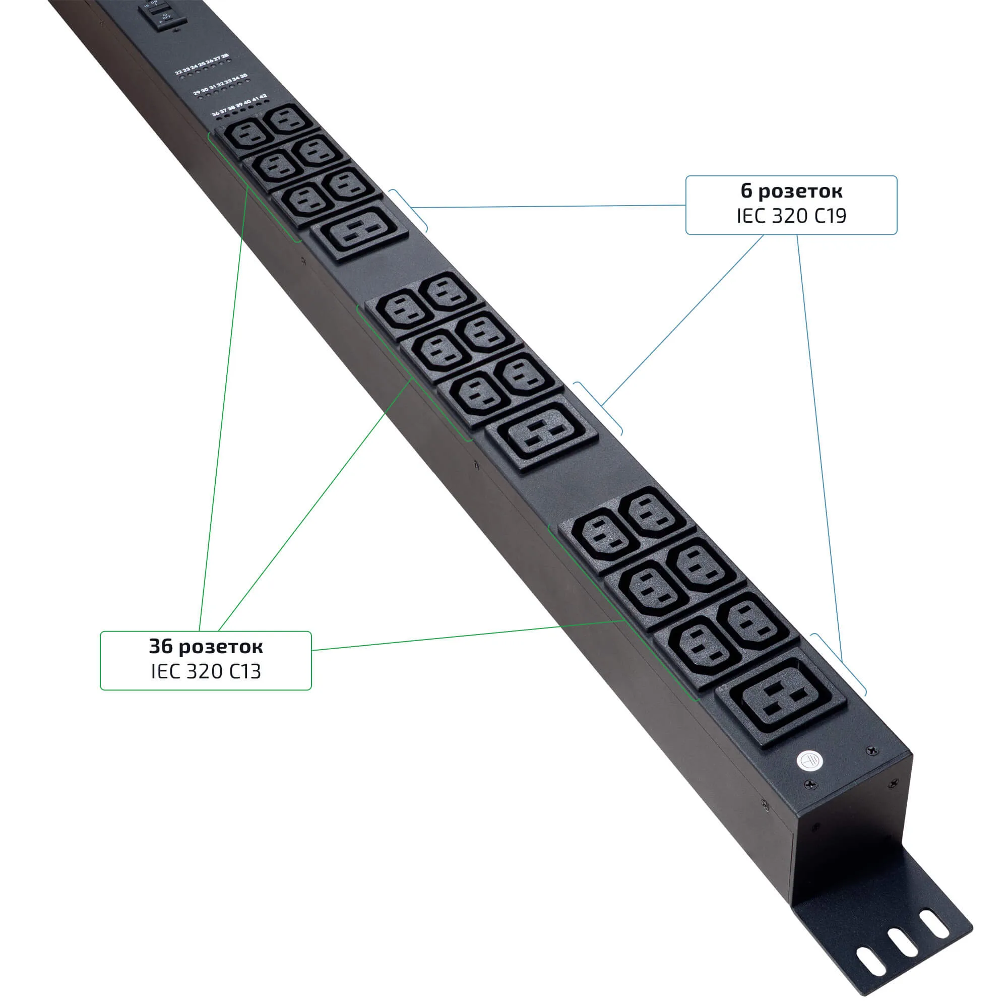 Блок розеток вертикальный Cabeus SMART-PDU-32-1P-36C13-6C19-I309-CM 36 розеток IEC 320 C13, 6 розеток IEC 320 C19, 1 фаза, 32А, мониторинг/управление, шнур 3м