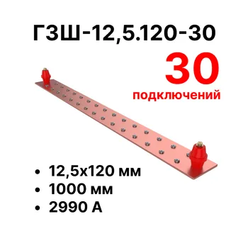 Cabeus CGB-ГЗШ-12,5.120-30 Главная шина заземления медная (CGB-ГЗШ) 12,5х120 мм, 30 подключений, 1000 мм, ток 2990 А