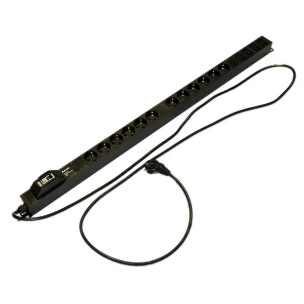 Hyperline SHE-12SH-4IEC-BF-2.5EU Блок розеток, 12 розеток Schuko, 4 розетки IEC320 C13, автоматическ.выключатель 1-полюсн., защита от перенапряжен., кабель питания 2.5м (3х1.5мм2) с вилкой Schuko 16A, 250В, 950x44.4x44.4мм (ДхШхВ), корпус алюминий, черный