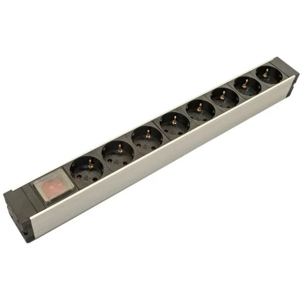 Hyperline SHZ19-8SH-S-IEC Блок розеток для 19" шкафов, горизонтальный, 8 розеток Schuko, выключатель с подсветкой, без кабеля питания, входной разъем IEC320 C14 10А, 250В, 482.6x44.4x44.4мм (ШхГхВ), корпус алюминий