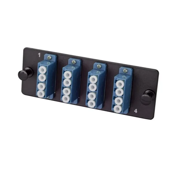 Планка Eurolan Q-SLOT, OS2, 12 х LC/APC, Quatro, предустановлено 4, для слотовых панелей, цвет адаптеров: синий, монтажные шнуры, КДЗС, цвет: чёрный 38m-s2-4l-04bl