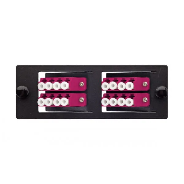 Планка Eurolan Q-SLOT, OM4 50/125, 4 х LC/PC, Quatro, предустановлено 4, для слотовых панелей, цвет адаптеров: пурпурный, наклонные, монтажные шнуры, КДЗС, цвет: чёрный 38m-40-4l-02-04bl