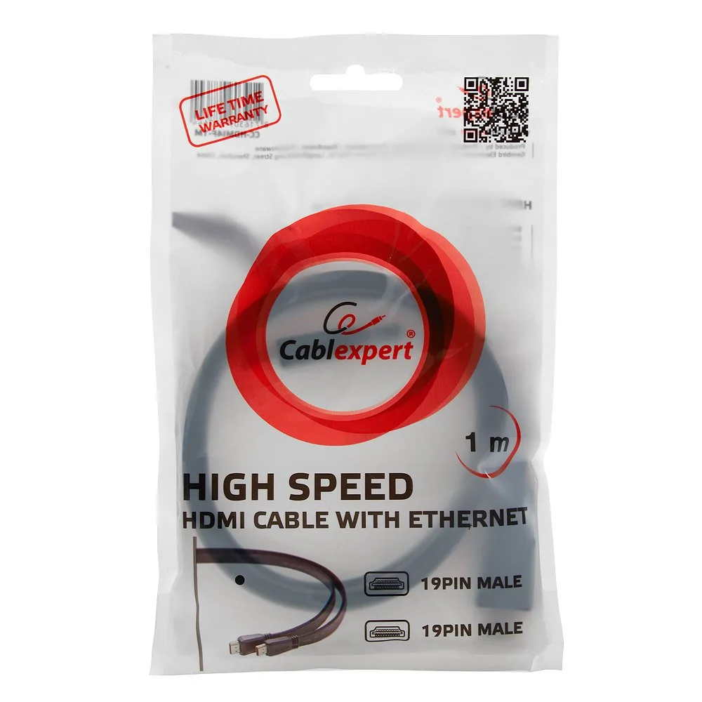 Кабель HDMI Cablexpert CC-HDMI4F-1M, 1м, v1.4, 19M/19M, плоский кабель, черный, позол.разъемы, экран, пакет