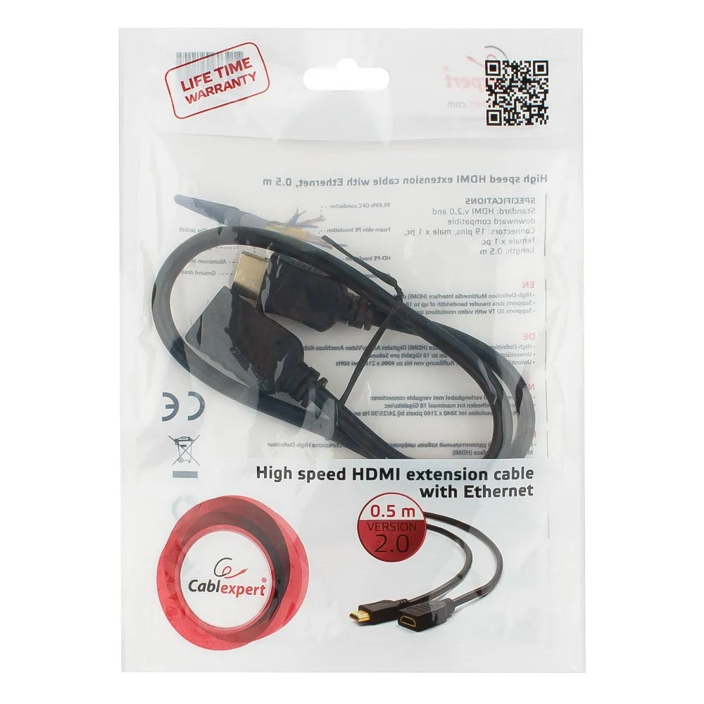 Удлинитель кабеля HDMI Cablexpert CC-HDMI4X-0.5M, 0.5м, v2.0, 19M/19F, черный, позол.разъемы, экран, пакет