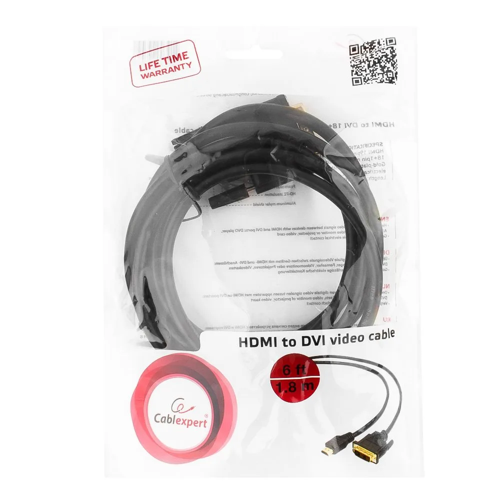 Кабель HDMI-DVI Cablexpert CC-HDMI-DVI-6, 19M/19M, 1.8м, single link, черный, позол.разъемы, экран, пакет