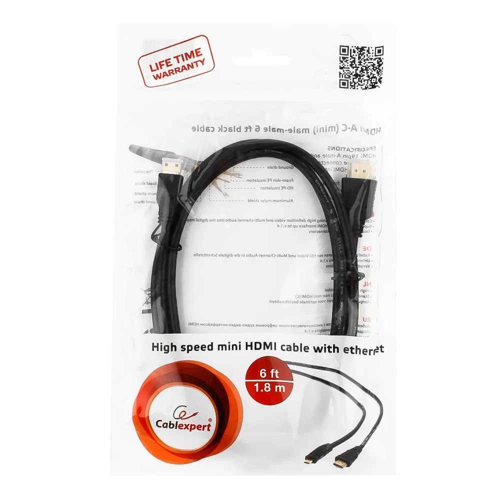 Кабель HDMI-miniHDMI Cablexpert CC-HDMI4C-6, v1.4, 19M/19M, 1.8м, 3D, Ethernet, черный, позол.разъемы, экран, пакет