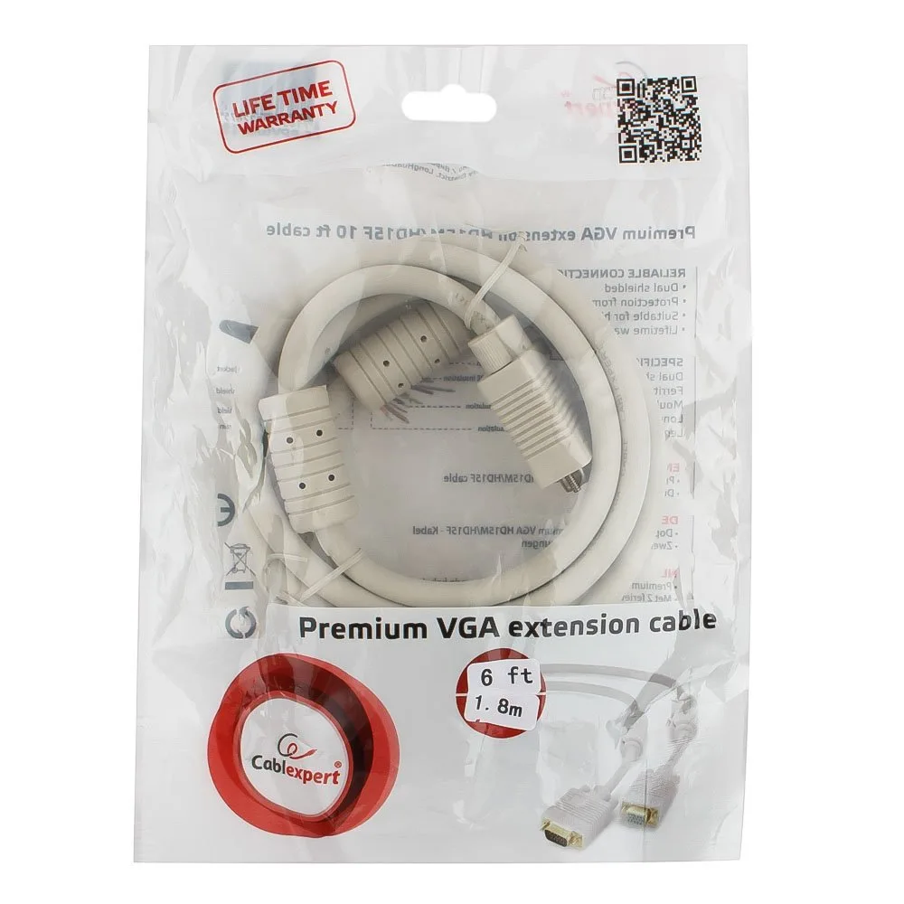 Кабель удлинитель VGA Premium Cablexpert CC-PPVGAX-6, 15M/15F, 1.8м, двойной экран, феррит.кольца, пакет