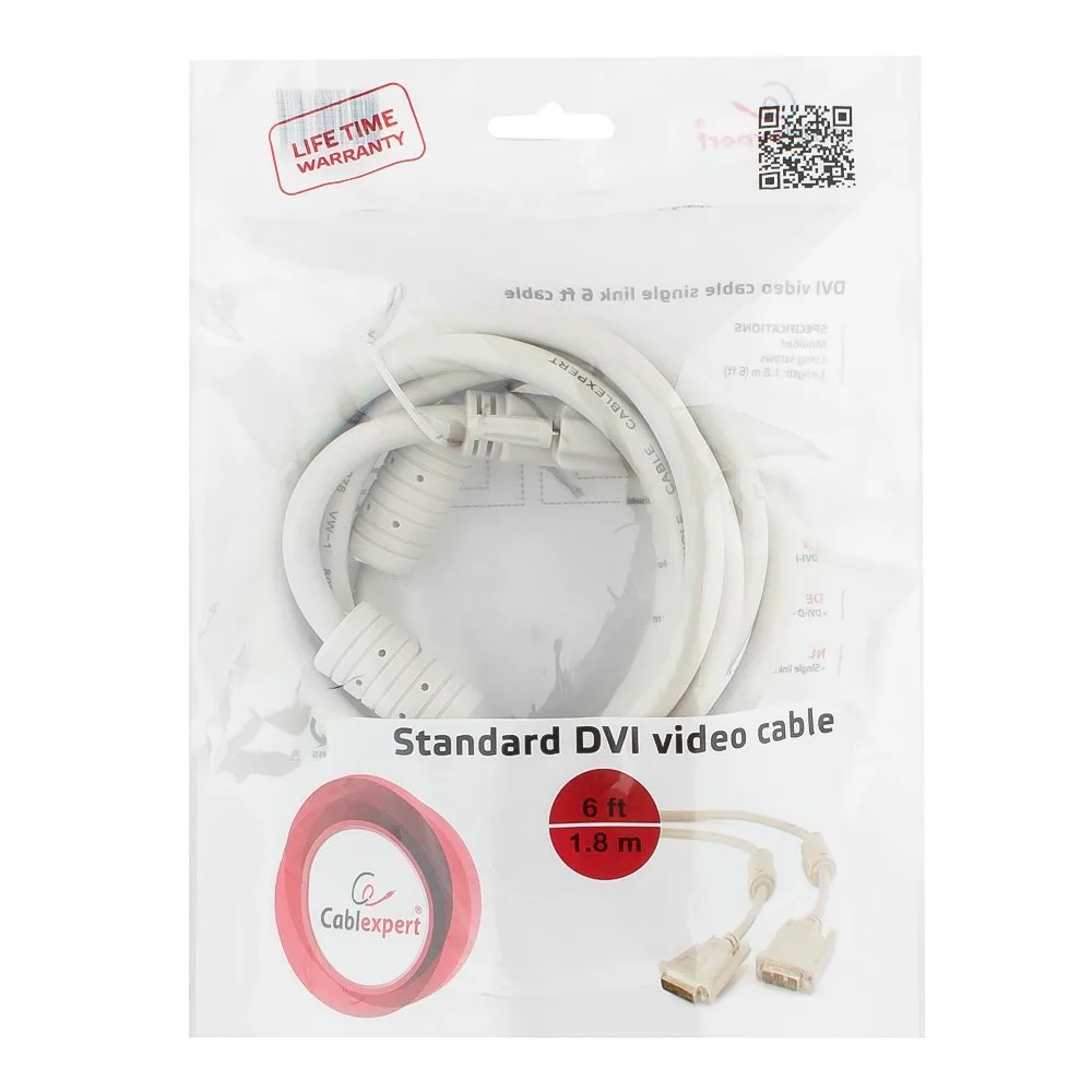 Кабель DVI-D single link Cablexpert CC-DVI-6C, 19M/19M, 1.8м, серый, экран, феррит.кольца, пакет