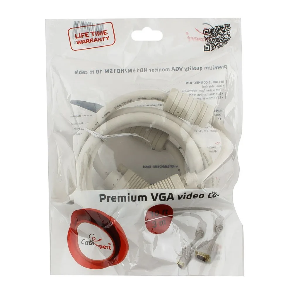 Кабель VGA Premium Cablexpert CC-PPVGA-10, 15M/15M, 3.0м, двойной экран, феррит.кольца, пакет