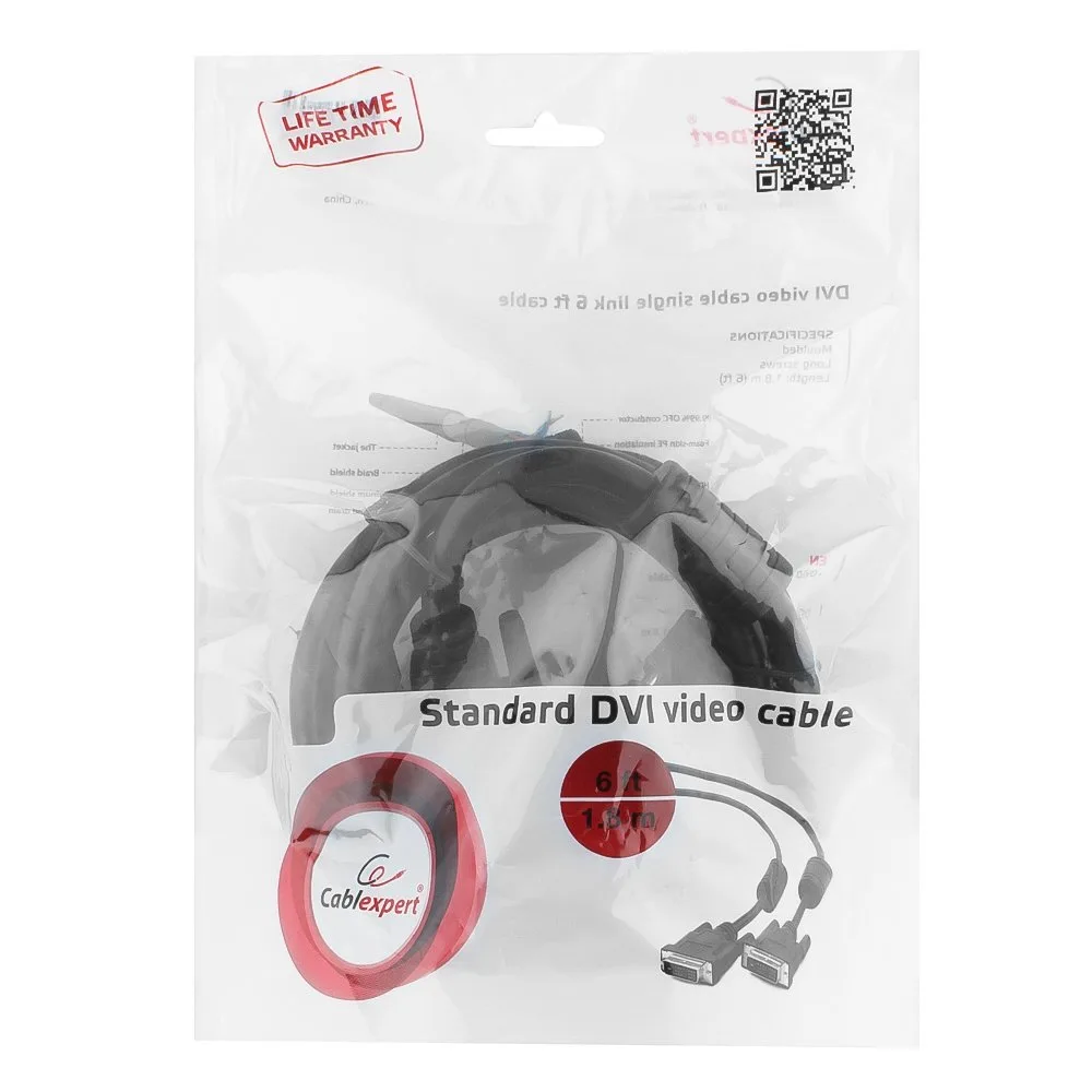 Кабель DVI-D single link Cablexpert CC-DVI-BK-6, 19M/19M, 1.8м, черный, экран, феррит.кольца, пакет