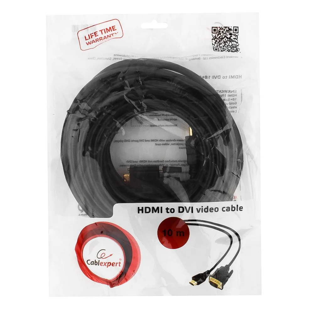 Кабель HDMI-DVI Cablexpert CC-HDMI-DVI-10MC, 19M/19M, 10м, single link, черный, позол.разъемы, экран, пакет
