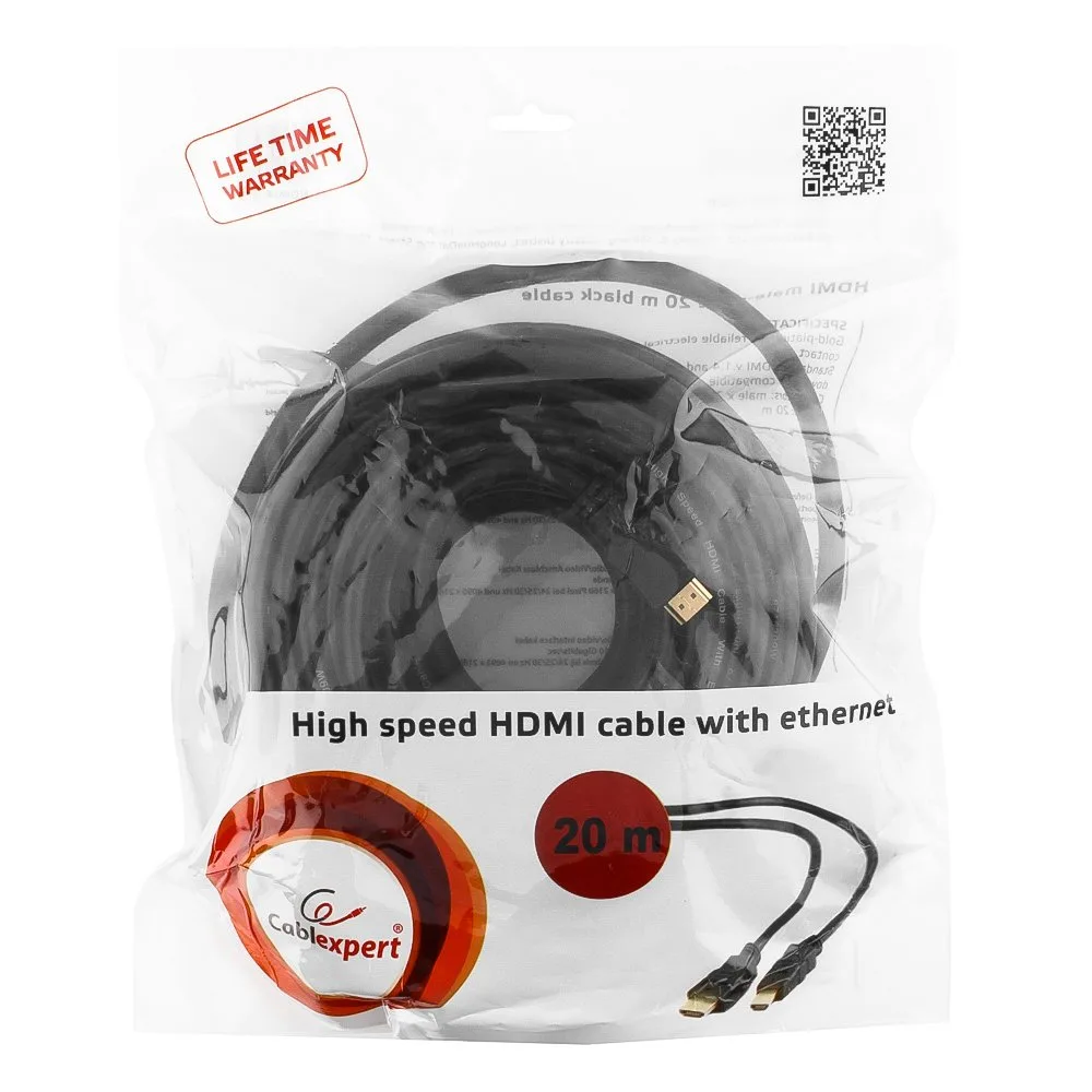 Кабель HDMI Cablexpert CC-HDMI4-20M, 20м, v1.4, 19M/19M, черный, позол.разъемы, экран, пакет