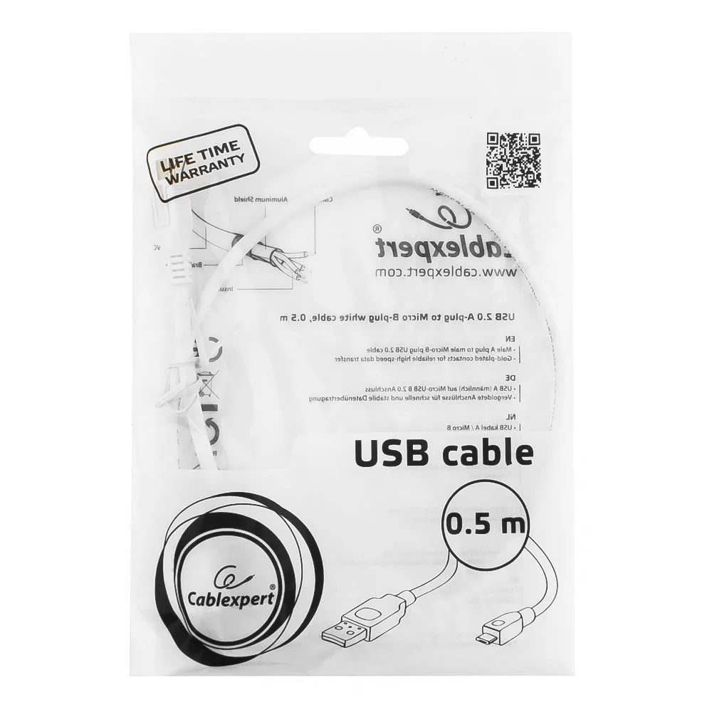 Кабель USB 2.0 Pro Cablexpert CCP-mUSB2-AMBM-W-0.5M, AM/microBM 5P, 0.5м, экран, белый, пакет
