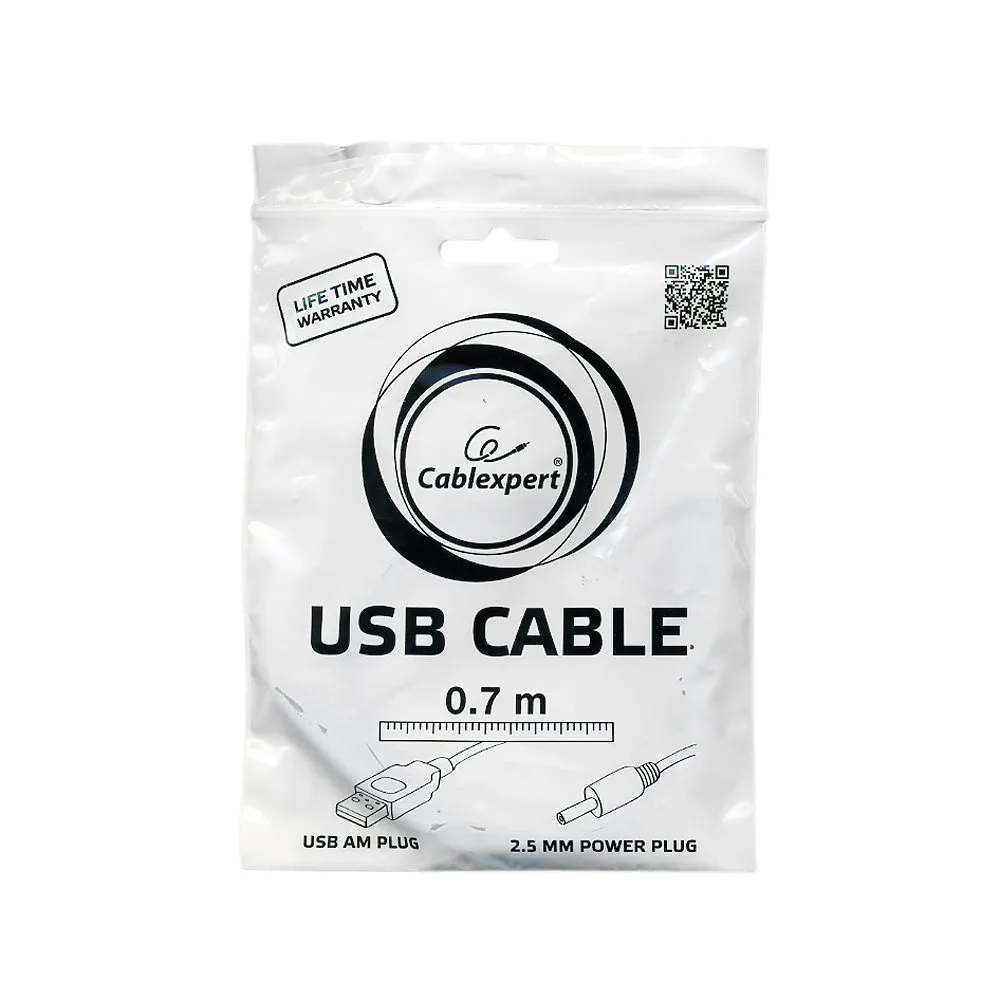 Кабель USB 2.0 Pro Cablexpert CC-USB-AMP25-0.7M, AM/DC 2,5мм 5V 2A (для планшетов Android), 0.7м, экран, черный, пакет