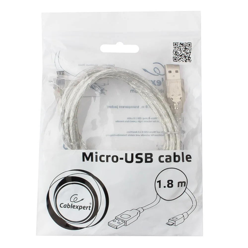 Кабель USB 2.0 Pro Cablexpert CCP-mUSB2-AMBM-6-TR, AM/microBM, 1,8м, экран, феррит.кольцо, прозрачный, пакет