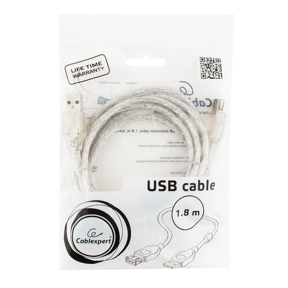 Кабель удлинитель USB2.0 Pro Cablexpert CCF-USB2-AMAF-TR-6, AM/AF, 1,8м, экран, феррит. кольцо, прозрачный, пакет