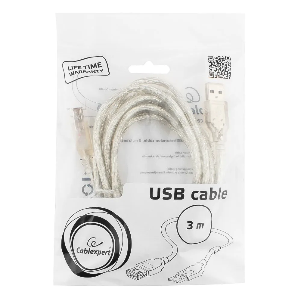Кабель удлинитель USB2.0 Pro Cablexpert CCF-USB2-AMAF-TR-10, AM/AF, 3м, экран, феррит. кольцо, прозрачный, пакет