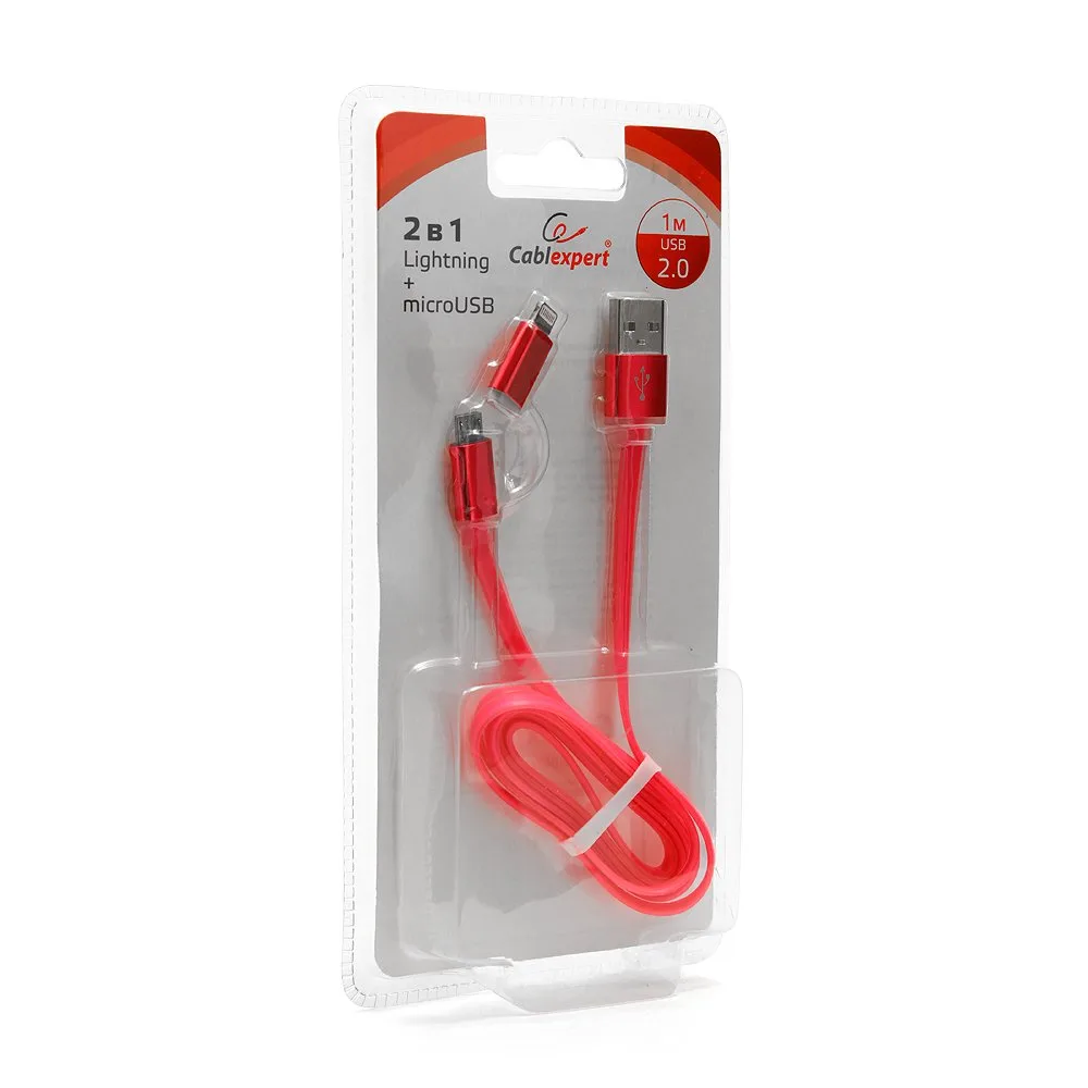 Кабель USB 2.0 Cablexpert CC-mAPUSB2pk1m, AM/microBM 5P - iPhone lightning, 1м, комбо кабель, алюминиевые разъемы, розовый, блистер