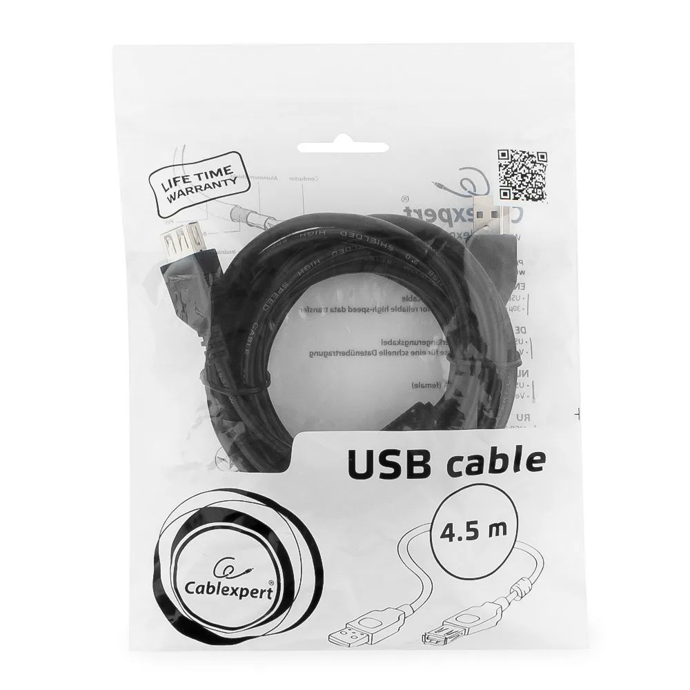 Кабель удлинитель USB2.0 Pro Cablexpert CCF-USB2-AMAF-15, AM/AF, 4.5м, экран, феррит.кольцо, черный, пакет
