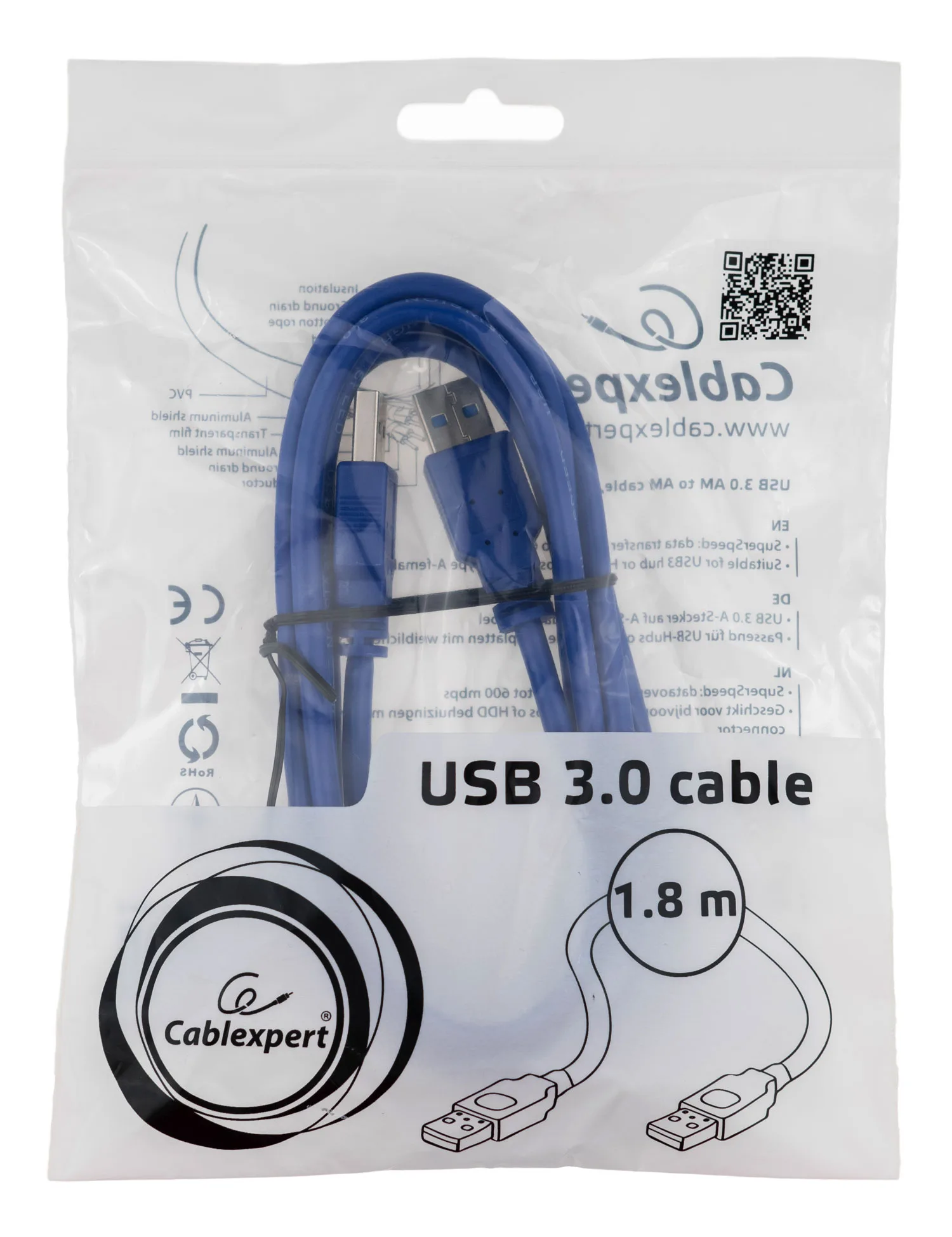 Кабель USB 3.0 Pro Cablexpert CCP-USB3-AMAM-6, AM/AM, 1.8м, экран, синий, пакет