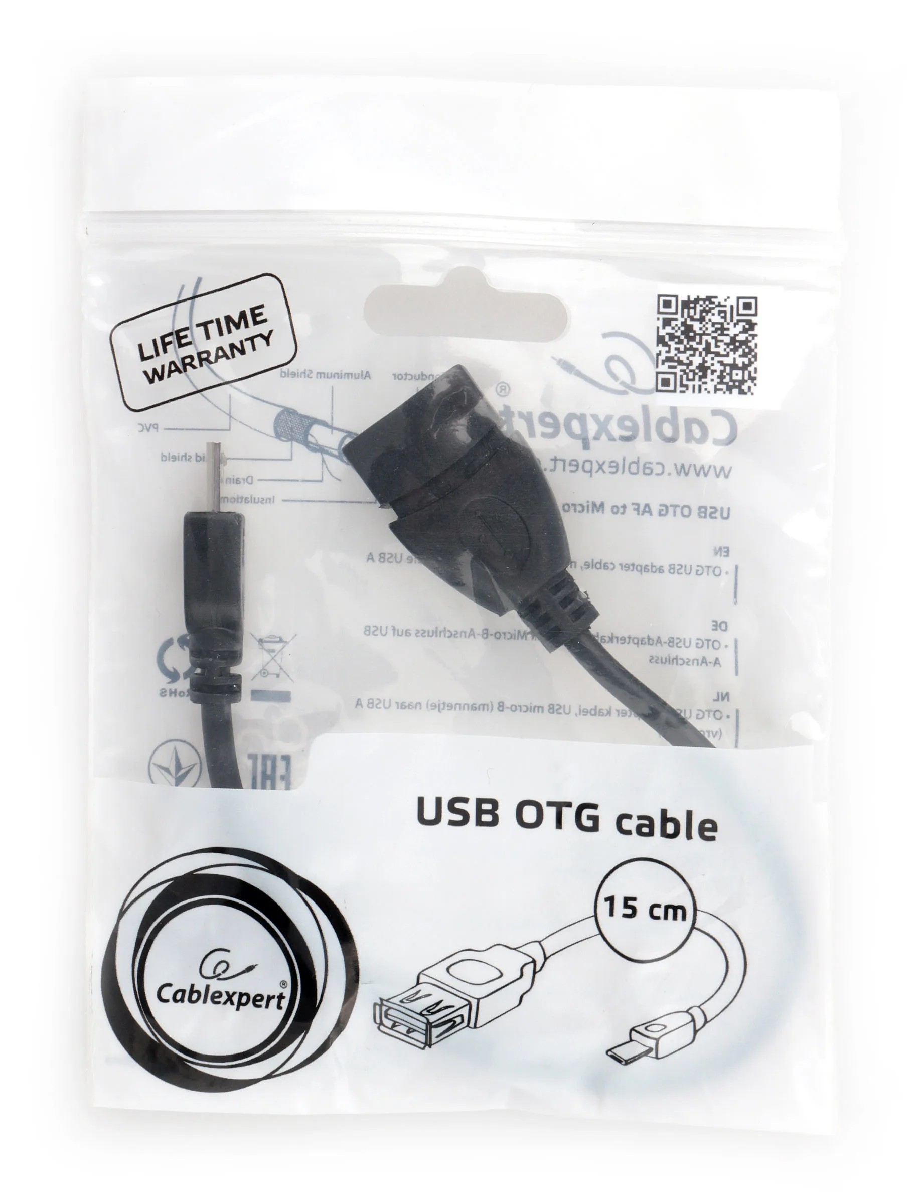 Кабель USB 2.0 OTG Cablexpert A-OTG-AFBM-03 USBAF/MicroBM, 0.15м, удлиненный разъем micro USB - 9мм, пакет