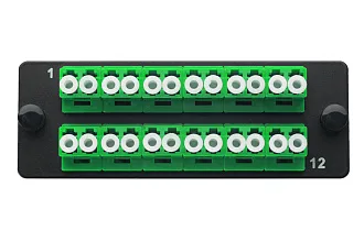 Планка Eurolan Q-SLOT, OS2, 12 х LC/APC, Duplex, для слотовых панелей, цвет адаптеров: зеленый, монтажные шнуры, КДЗС, цвет: чёрный 38m-s2-2l-12bl-a
