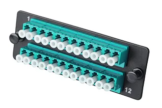 Планка Eurolan Q-SLOT, OM3 50/125, 12 х LC, Duplex, для слотовых панелей, цвет адаптеров: бирюзовый, монтажные шнуры, КДЗС, цвет: чёрный