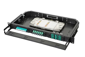 Планка Eurolan Q-SLOT, OM3 50/125, 6 х LC, Duplex, для слотовых панелей, цвет адаптеров: бирюзовый, монтажные шнуры, КДЗС, цвет: чёрный