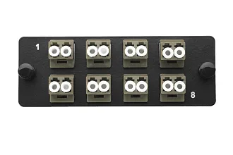 Планка Eurolan Q-SLOT, OM2 50/125, 8 х LC, Duplex, предустановлено 8, для слотовых панелей, цвет адаптеров: серый, монтажные шнуры, КДЗС, цвет: чёрный 38m-20-2l-08bl