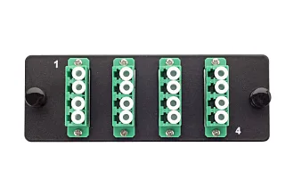 Планка Eurolan Q-SLOT, OS2, 4 х LC/APC, Quatro, предустановлено 4, для слотовых панелей, цвет адаптеров: зеленый, монтажные шнуры, КДЗС, APC, цвет: чёрный 38m-s2-4l-04bl-a