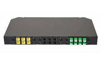 Планка Eurolan Q-SLOT, OS2, 8 х LC, Duplex, предустановлено 8, для слотовых панелей, цвет адаптеров: зеленый, монтажные шнуры, КДЗС, APC, цвет: чёрный