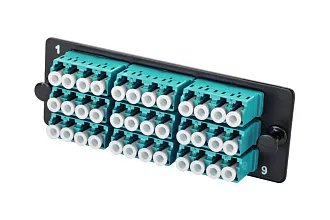 Планка Eurolan Q-SLOT, OM4 50/125, 9 х LC, Quatro, для слотовых панелей, цвет адаптеров: бирюзовый, монтажные шнуры, КДЗС, цвет: чёрный
