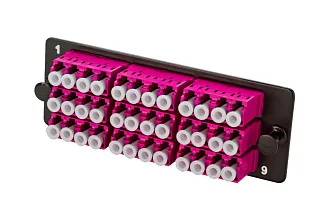 Планка Eurolan Q-SLOT, OM4 50/125, 9 х LC, Quatro, для слотовых панелей, цвет адаптеров: пурпурный, монтажные шнуры, КДЗС, цвет: чёрный