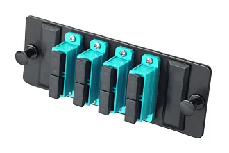 Планка Eurolan Q-SLOT, OM3 50/125, 4 х SC, Duplex, предустановлено 4, для слотовых панелей, цвет адаптеров: бирюзовый, цвет: чёрный