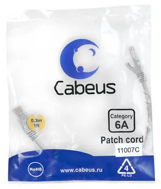 Патч-корд RJ45 S/FTP 6a Cabeus PC-SSTP-RJ45-Cat.6a-0.3m-LSZH LSZH серый 0.3 метра