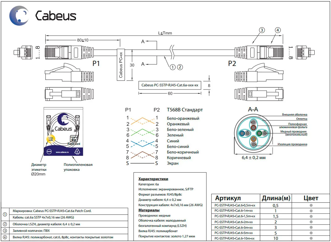 Патч-корд RJ45 S/FTP 6a Cabeus PC-SSTP-RJ45-Cat.6a-0.3m-LSZH LSZH серый 0.3 метра