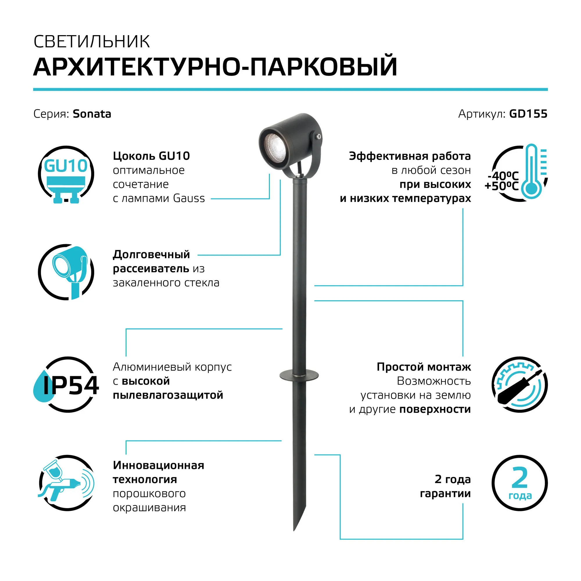 Светильник садово-парковый НТУ 35 Вт (max) GU10 грунтовой 170-240 В IP54 90х90х470 мм Sonata Gauss